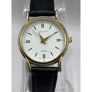 Perry Ellis Women's Quartz Watch Black Leather Band Gold Case- New Battery